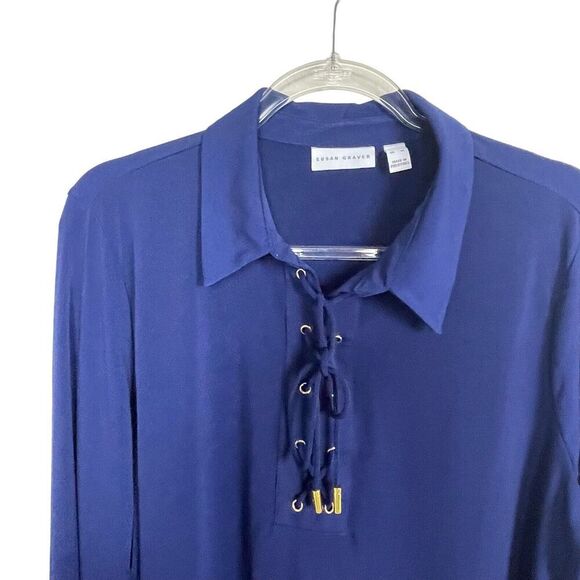 Susan Graver Top Women's Size‎ XL Lace Up Long Sleeve Blue Tunic - Picture 2 of 6